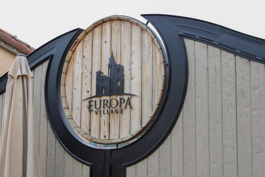 Europa village sign with castle silhouette.