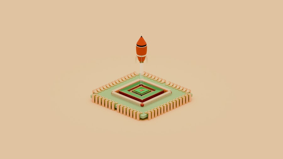 A rocket launches from a cube-shaped base.
