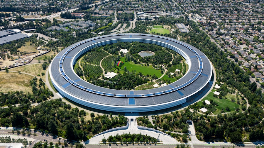 An aerial view of a circular building in a city