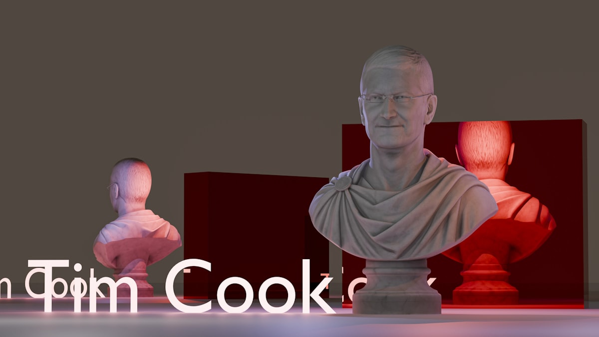 Classical busts and "tim cook" text under dramatic lighting