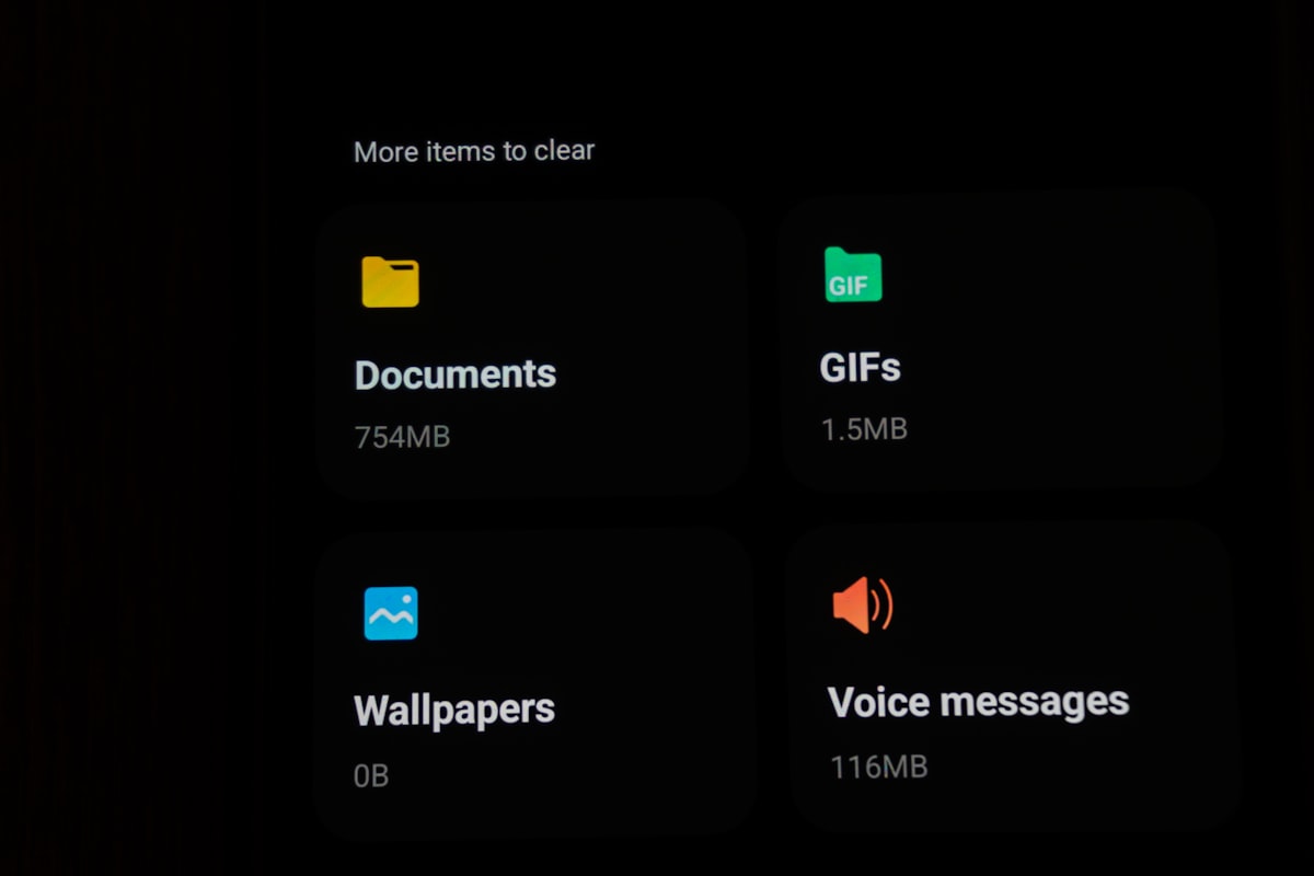 File categories and storage sizes displayed on a dark screen.