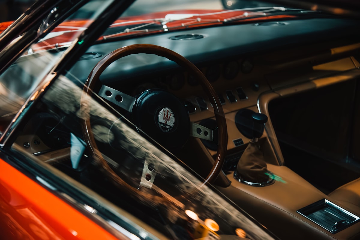 Interior of a classic red sports car