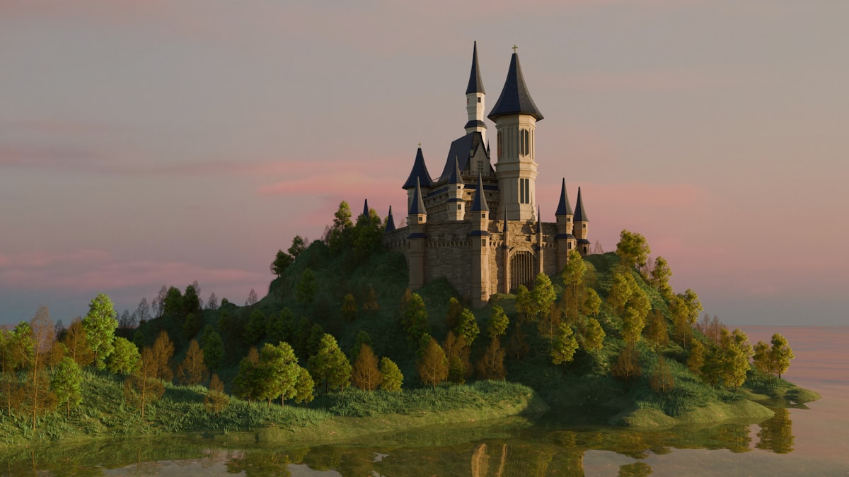 A castle stands on an island.