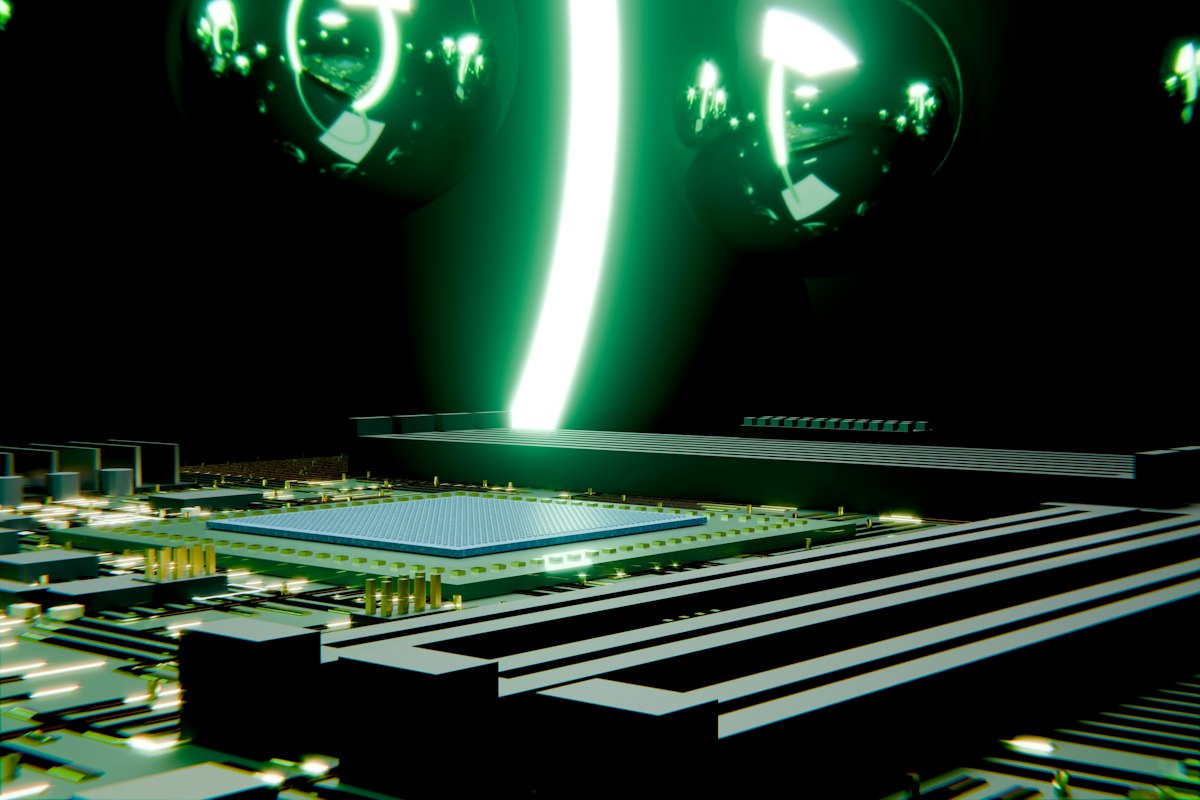 Futuristic circuit board with glowing green data beam