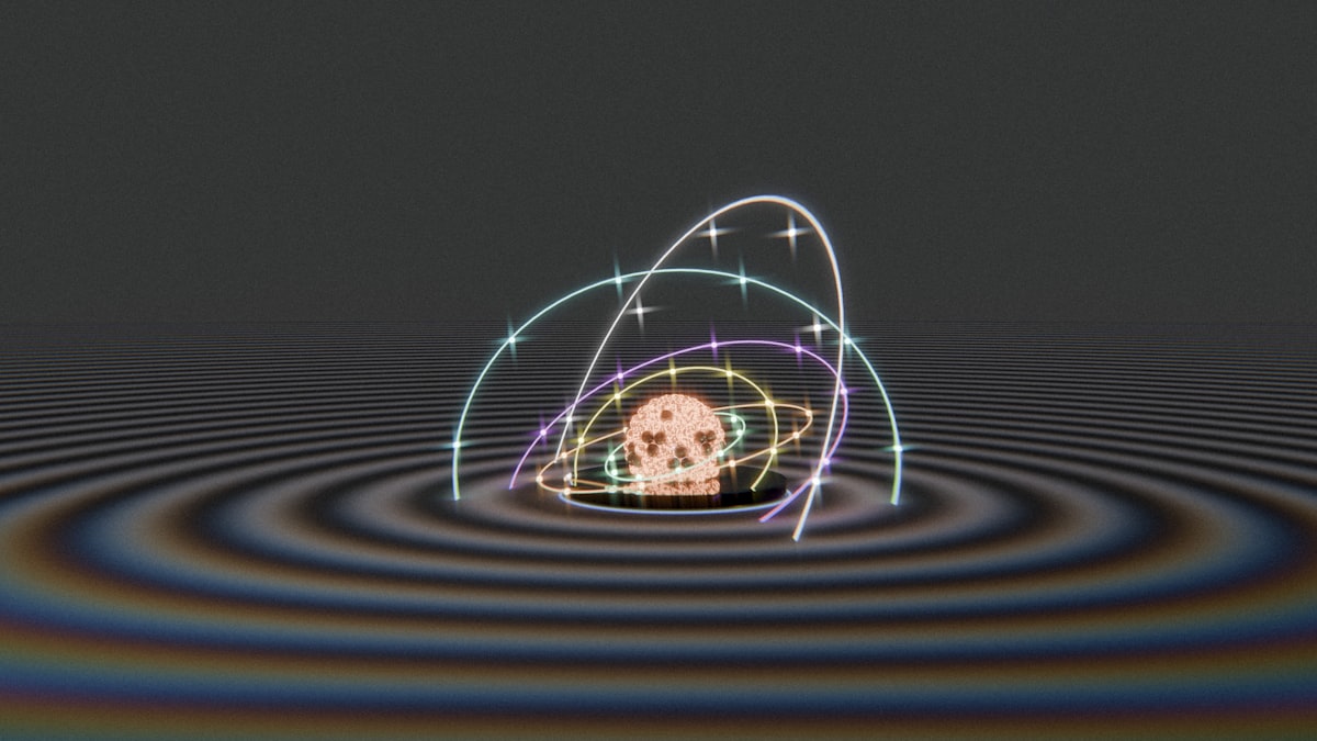 Stylized skull surrounded by glowing rings and rainbow ripples