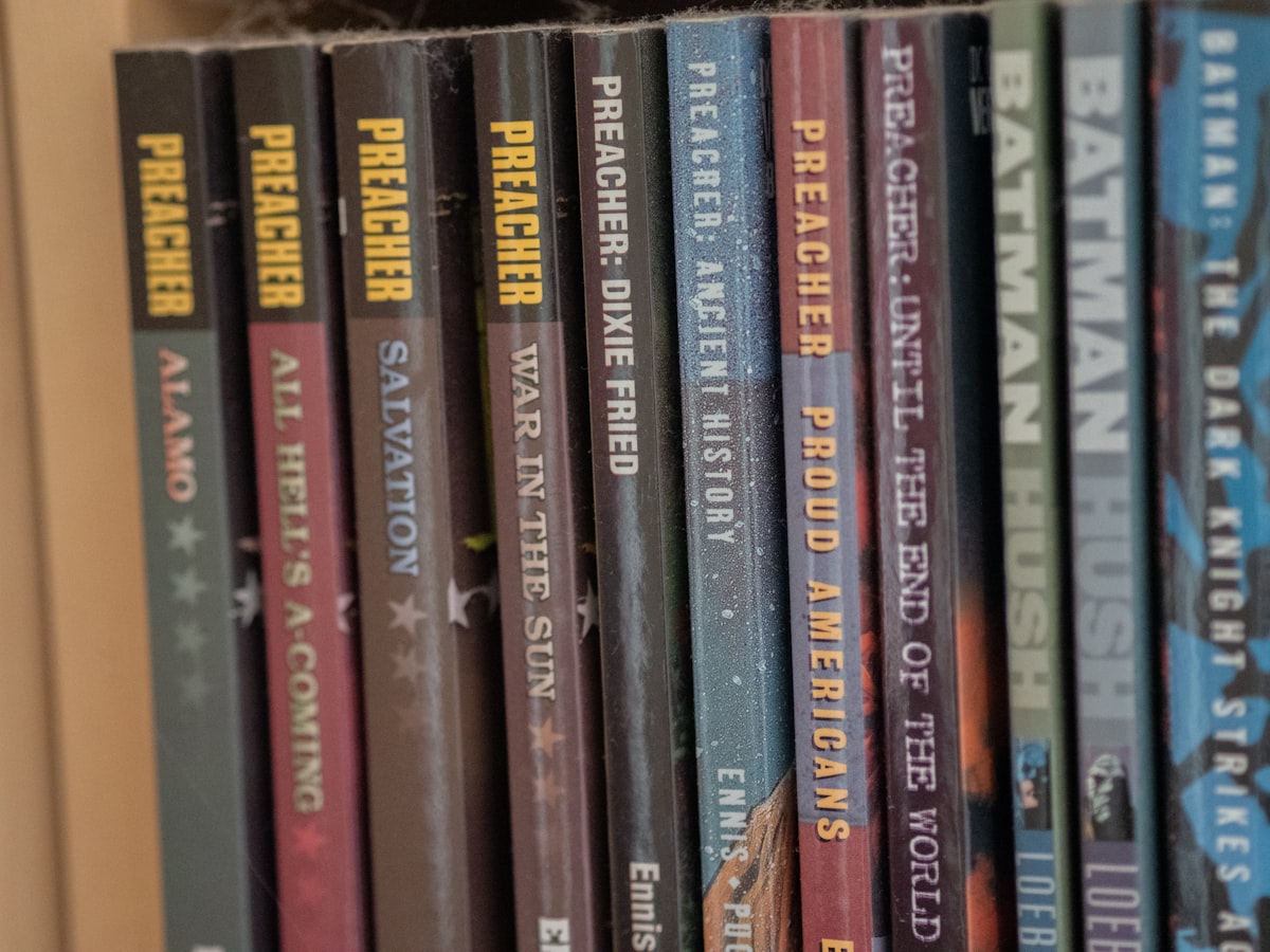Row of comic books on a shelf