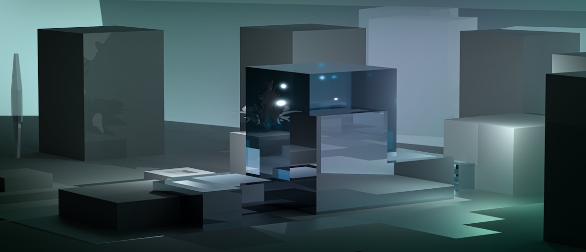 a room with a large display of white boxes and a large glass window