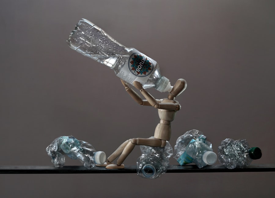 Wooden mannequin with crushed plastic bottles