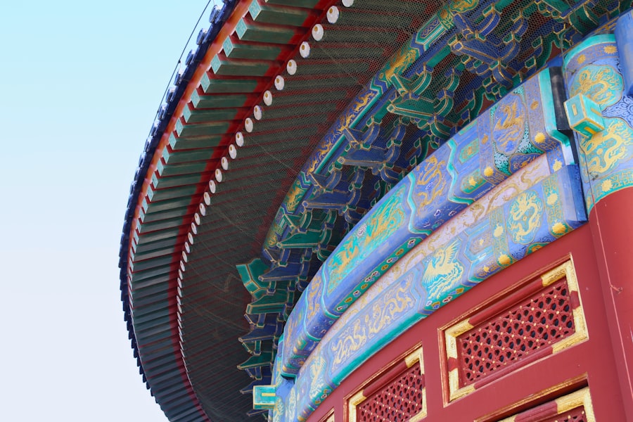 Ornate traditional chinese architecture against a blue sky