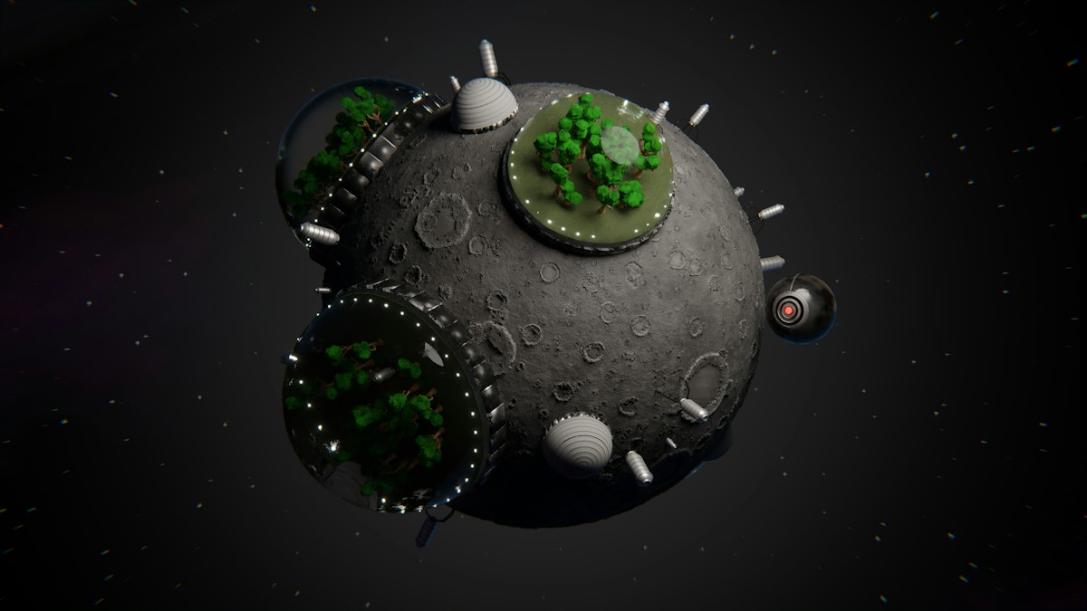A stylized moon with green domes and structures in space