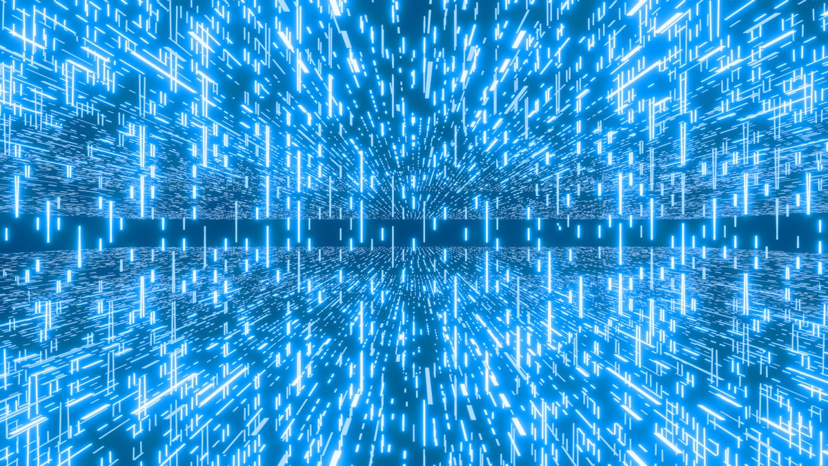 Blue glowing lines create a digital, futuristic pattern.