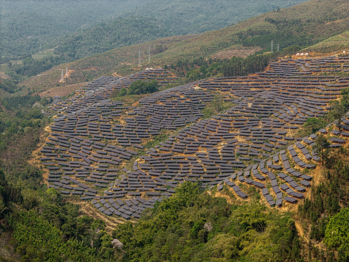 Solar panels cover a hillside in a rural landscape.