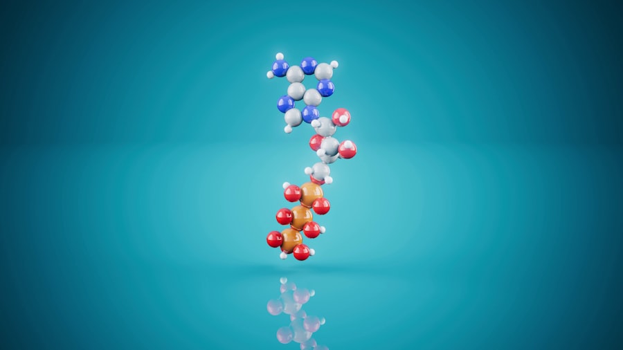 3D molecular model of atp on a blue background.