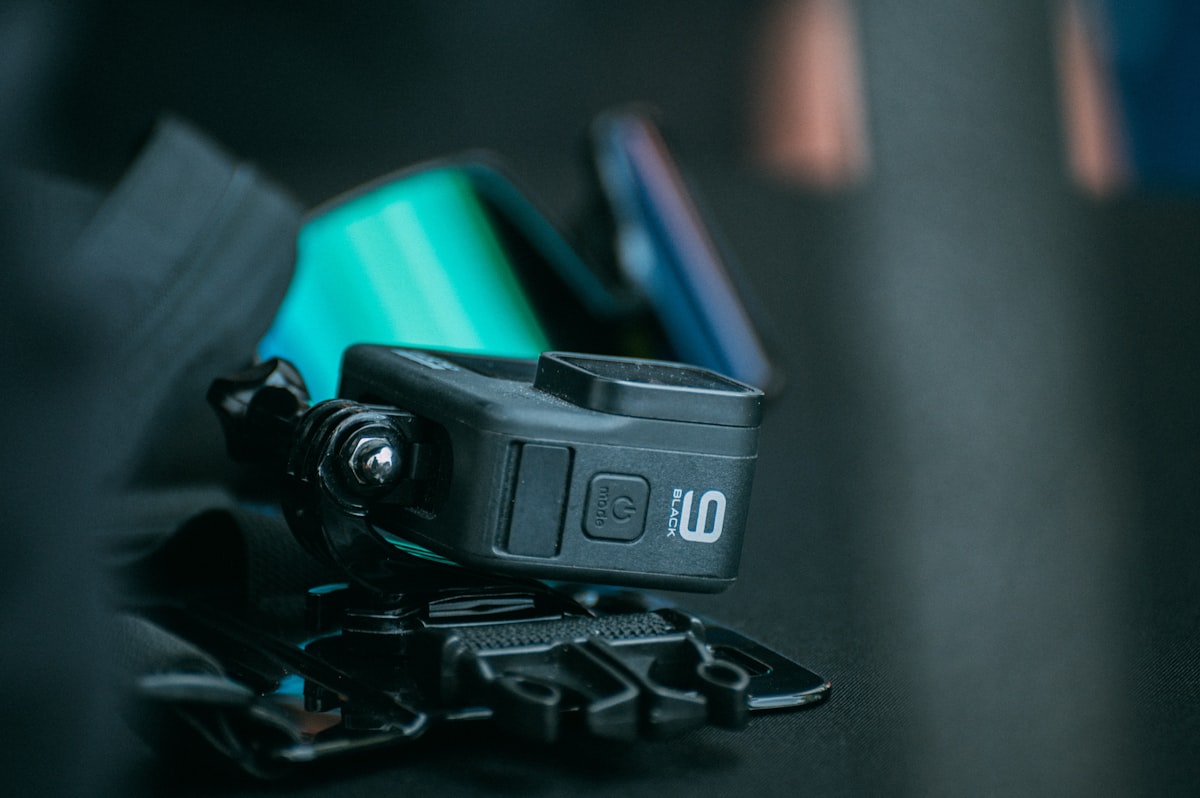 a camera sitting on top of a black table