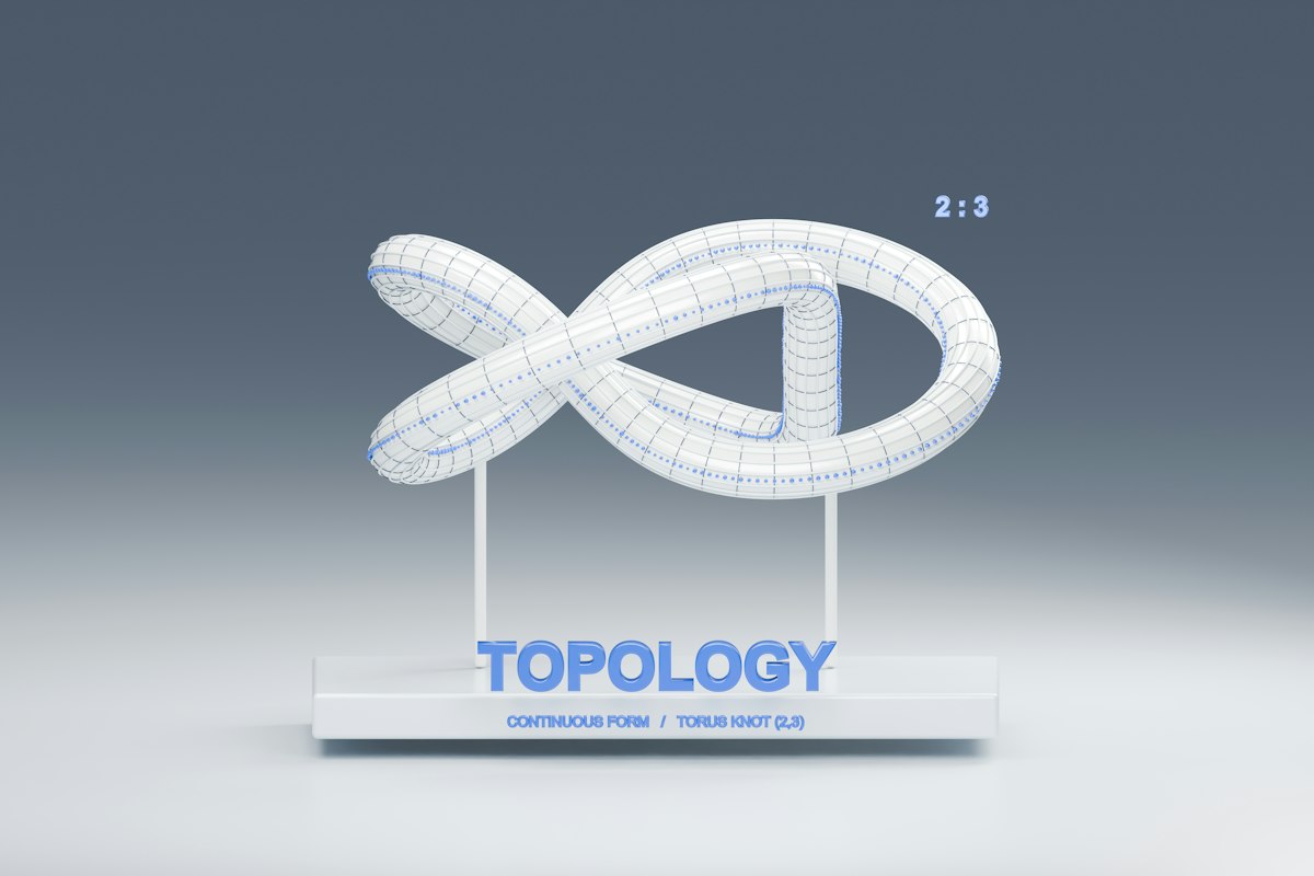 A white wireframe torus knot sculpture on a stand with blue text