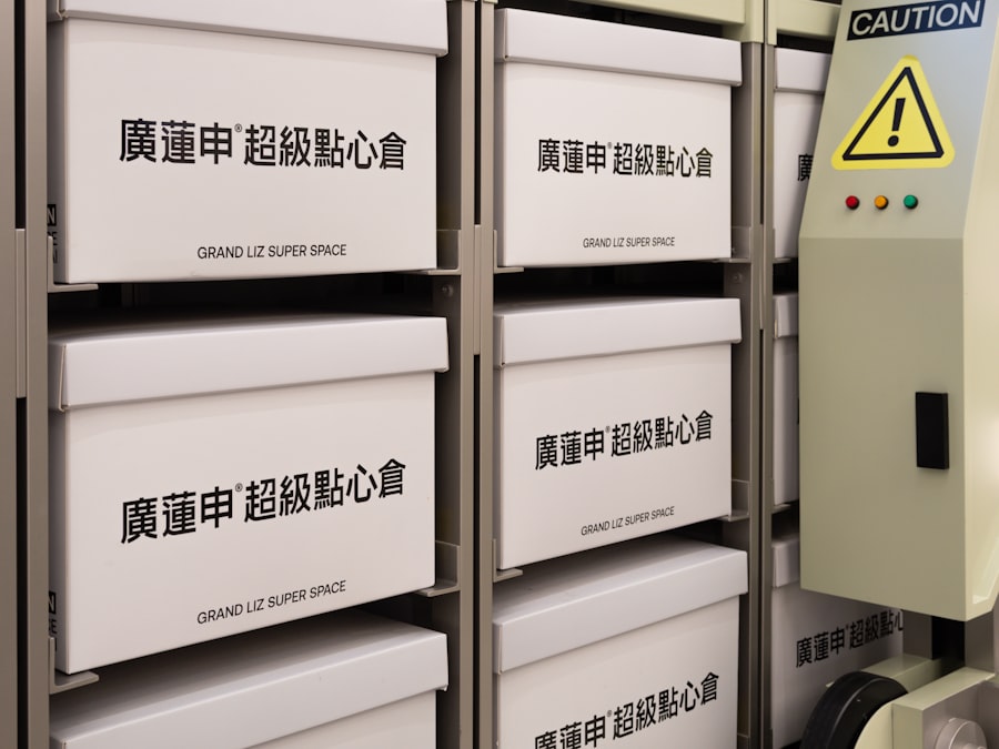 A bunch of boxes that are sitting on a shelf