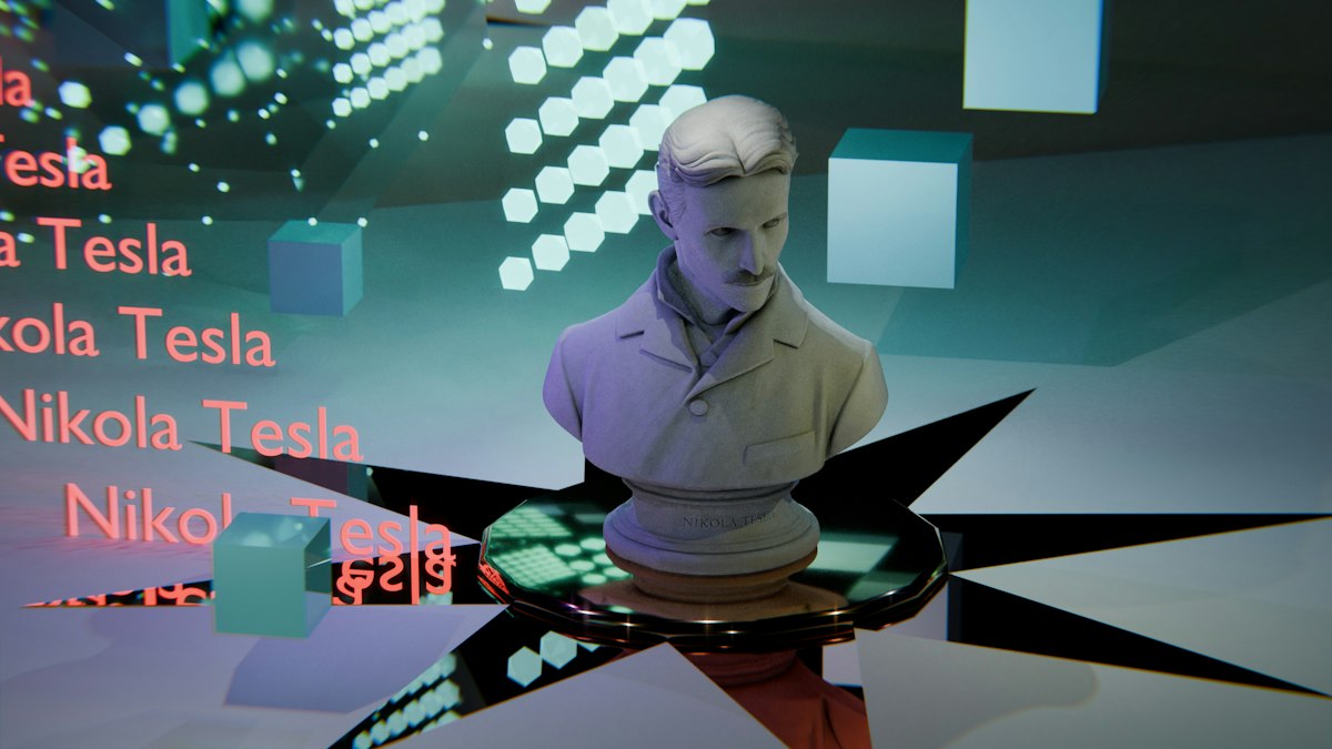 Nikola tesla bust with glowing digital text and cubes