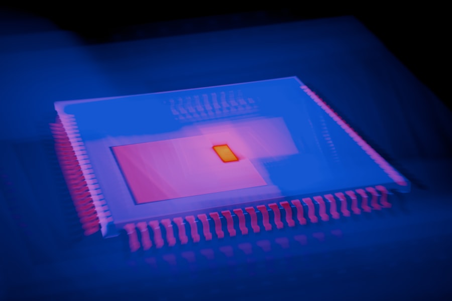 A close up of a computer chip in a dark room