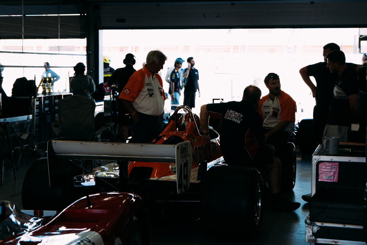 Race car crew working in a garage