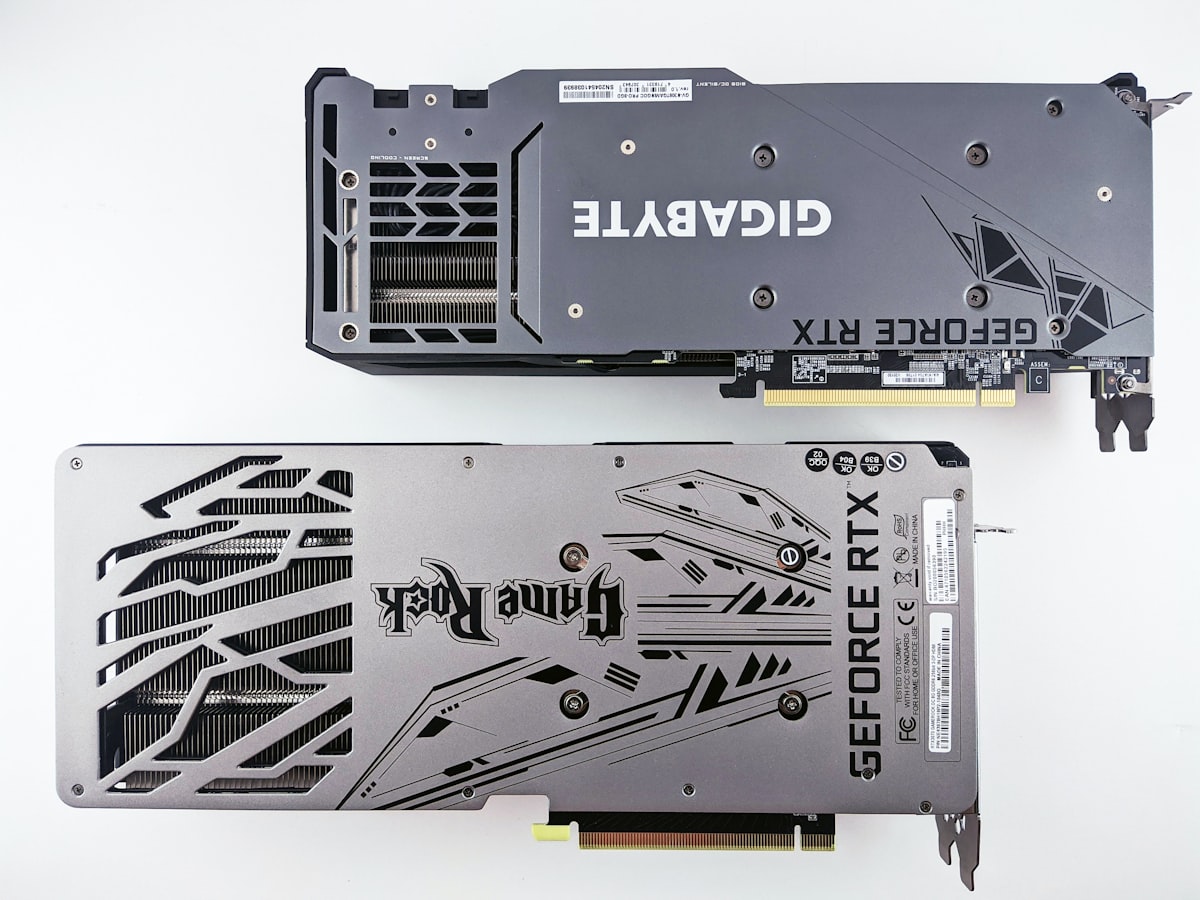 a close up of a graphics card on a white surface