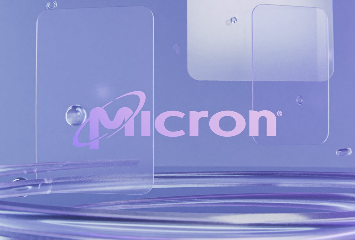 Micron logo on clear panels with water droplets and ripples.