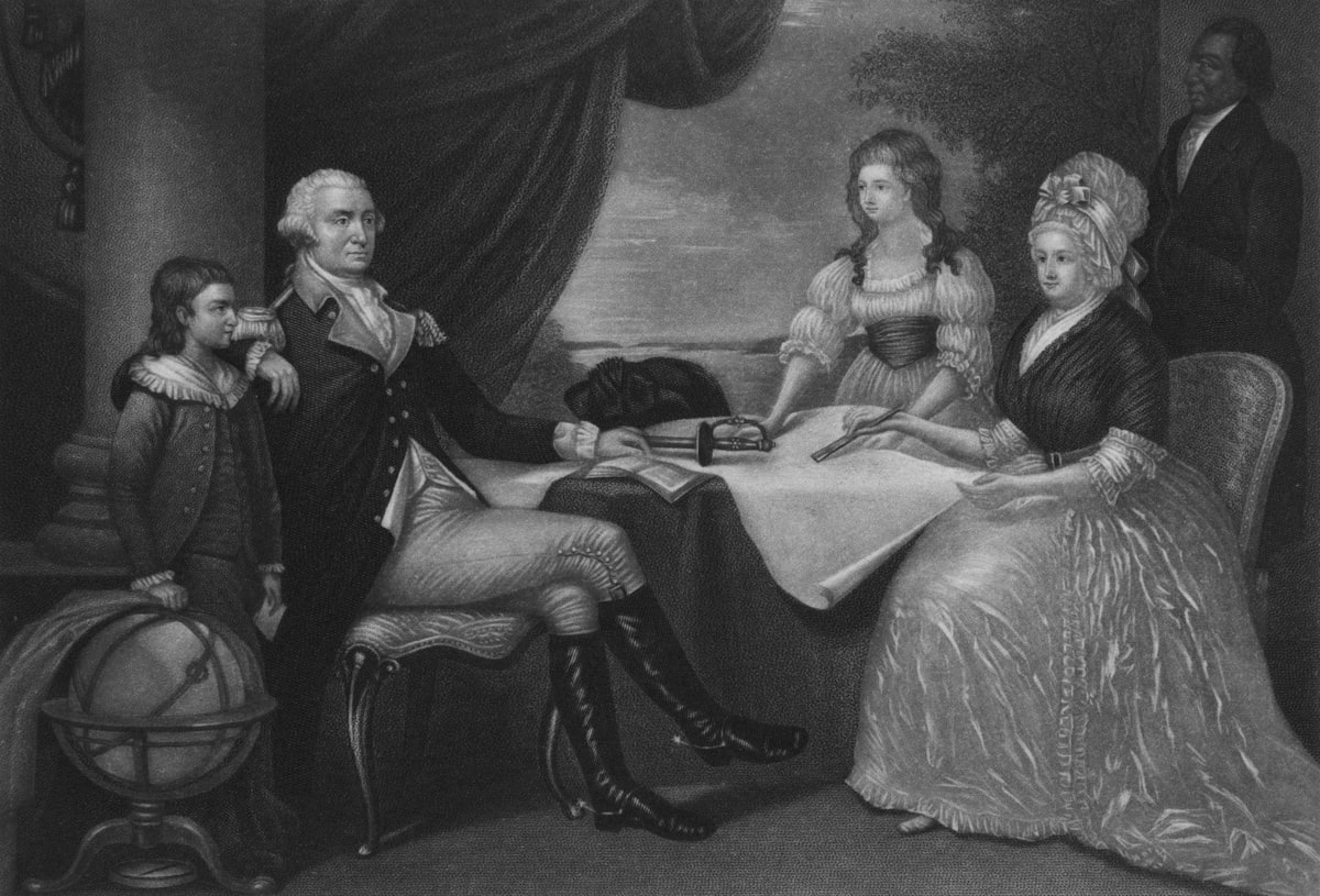 A historical painting of a family gathered around a table