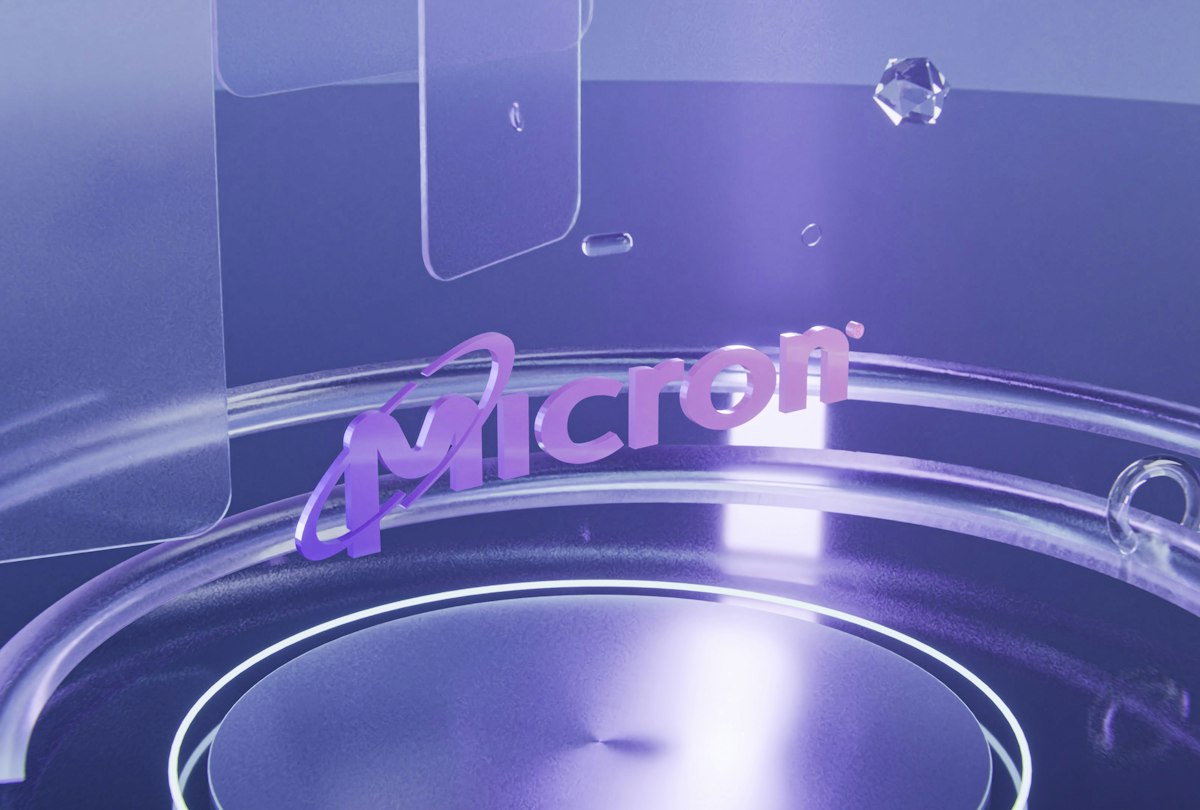 The micron logo floats in a futuristic, glossy, purple environment