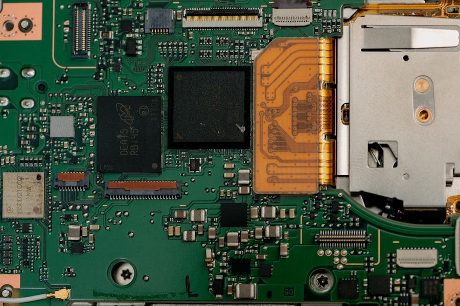 Close-up of a complex electronic circuit board with many components.